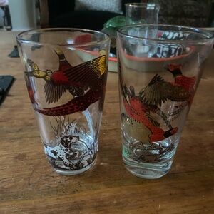 2 Vintage Hazel Atlas Pheasant Hunting Scenes Cocktail Glasses